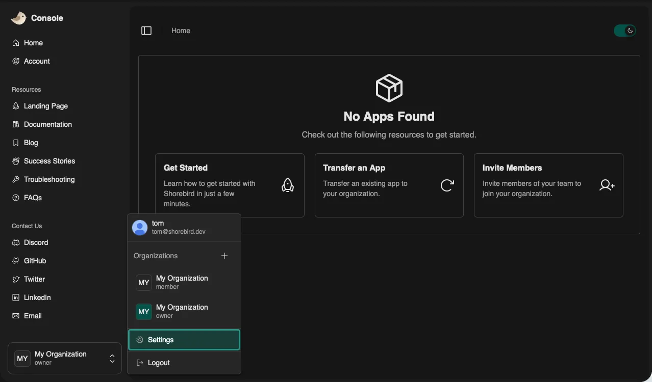 Screenshot of how to get to Organization settings in the Shorebird Console