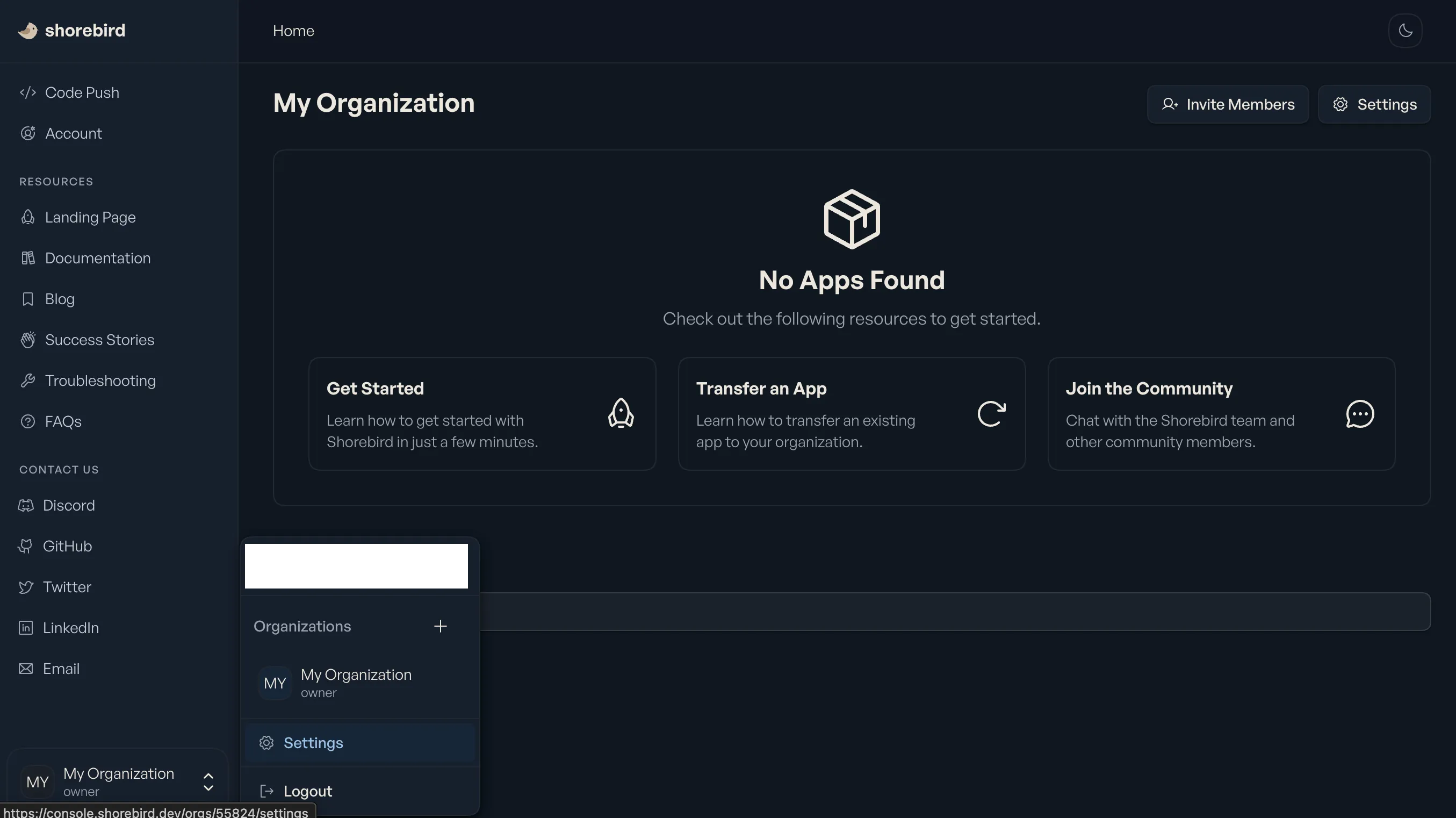 Screenshot of how to get to Organization settings in the Shorebird Console