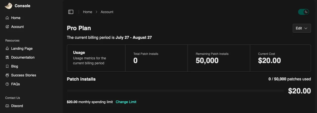Screenshot of Shorebird Console showing a Pro account with a $20 spending limit