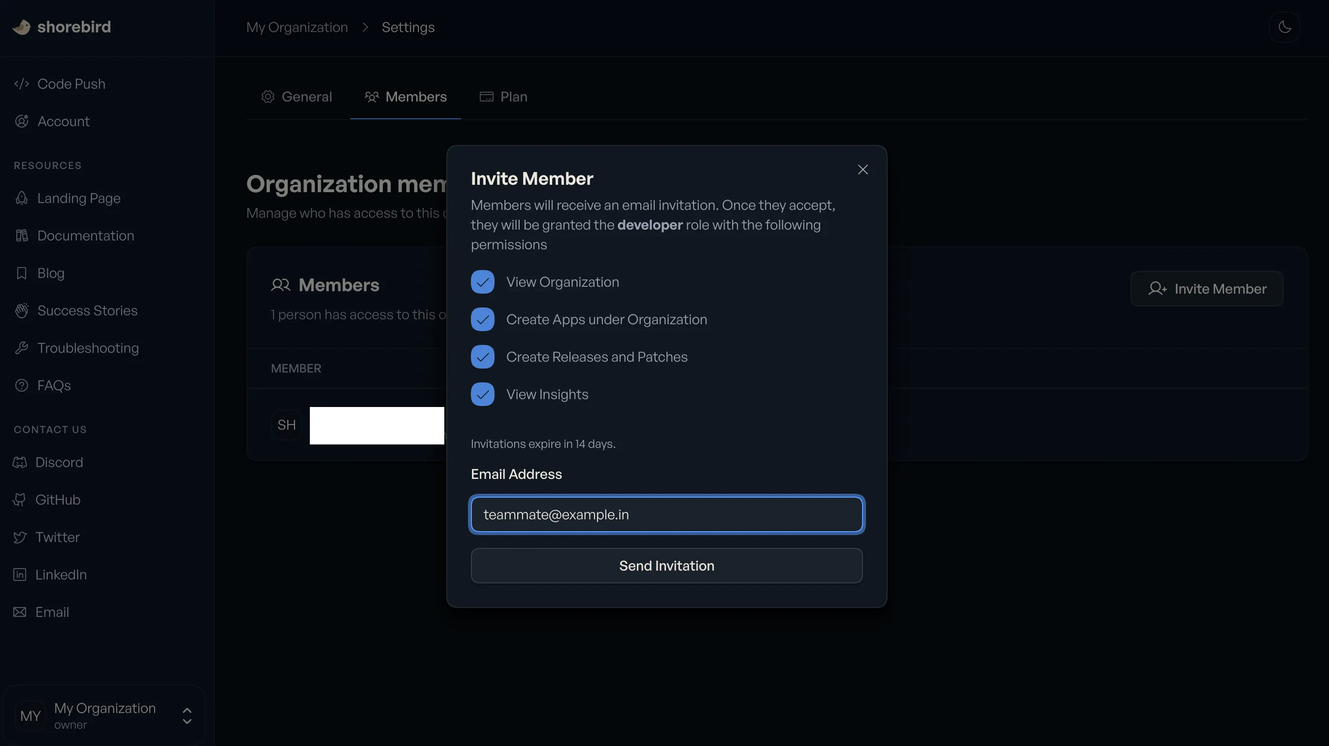 Screenshot of how to get to add a member to an Organization in the Shorebird Console