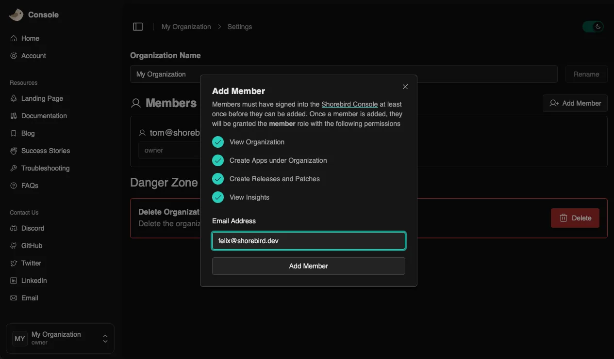 Screenshot of how to get to add a member to an Organization in the Shorebird Console