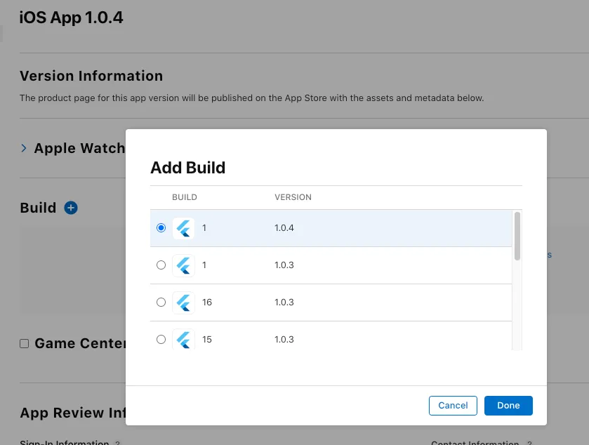 App Store Connect add build
