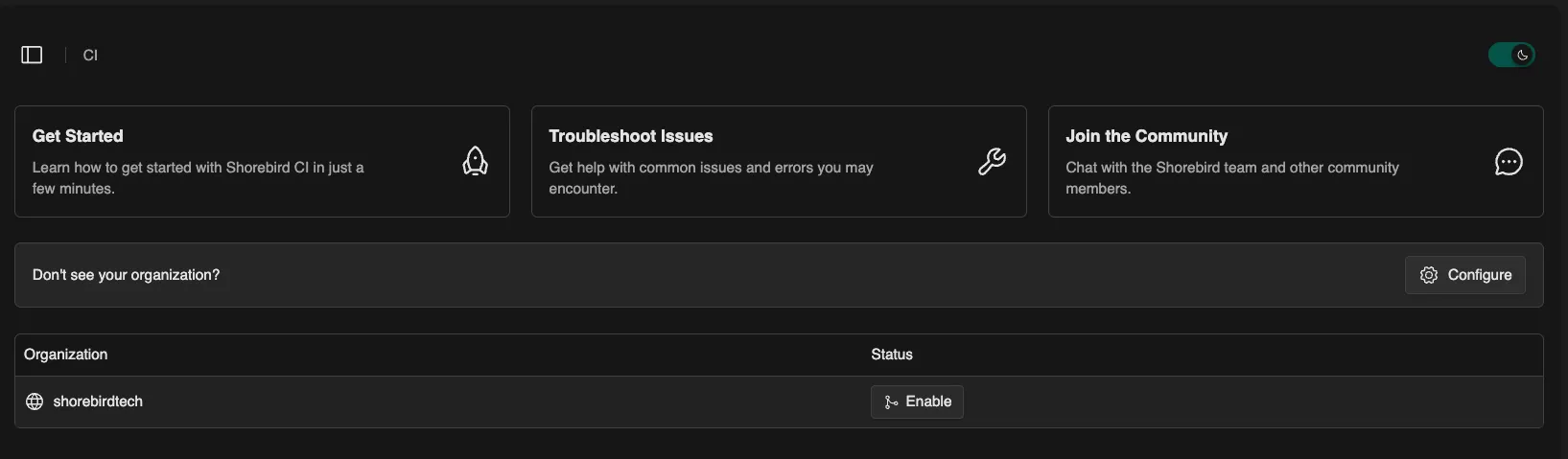 Screenshot of the the Shorebird Web Console enabling the Shorebird CI service for a specific organization.