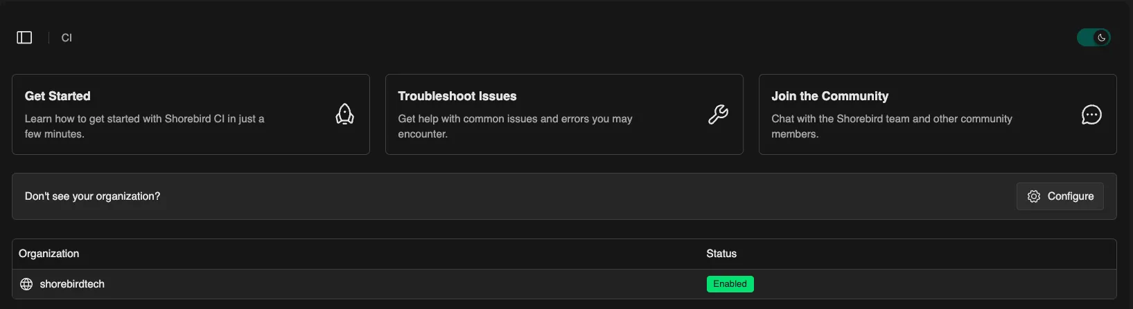Screenshot of the the Shorebird Web Console showing the Shorebird CI service enabled for a specific organization.