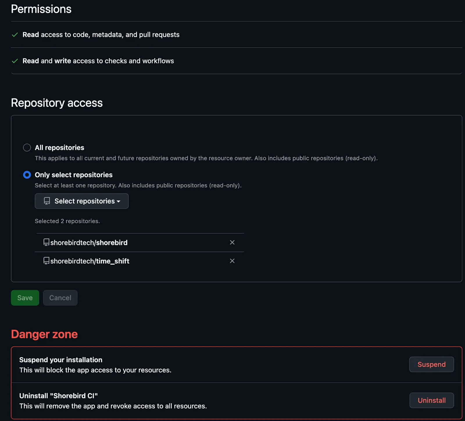 Screenshot of the Shorebird CI GitHub Applications settings