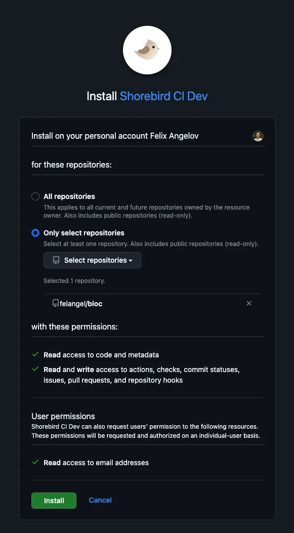 Screenshot of the Shorebird CI GitHub App install configuration