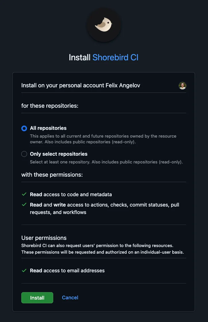 Screenshot of the Shorebird CI GitHub Application install configuration.