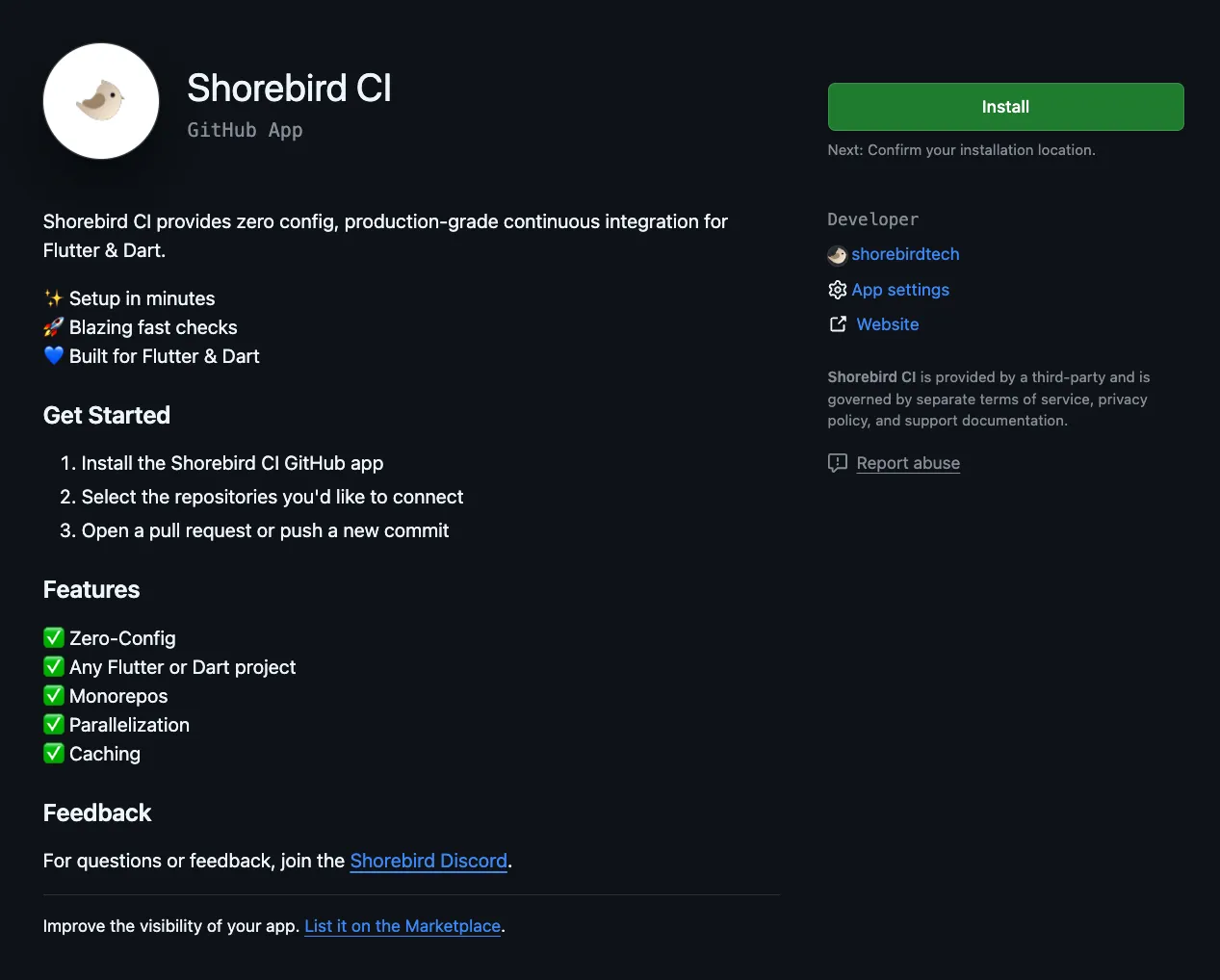 Screenshot of the Shorebird CI GitHub Marketplace listing.