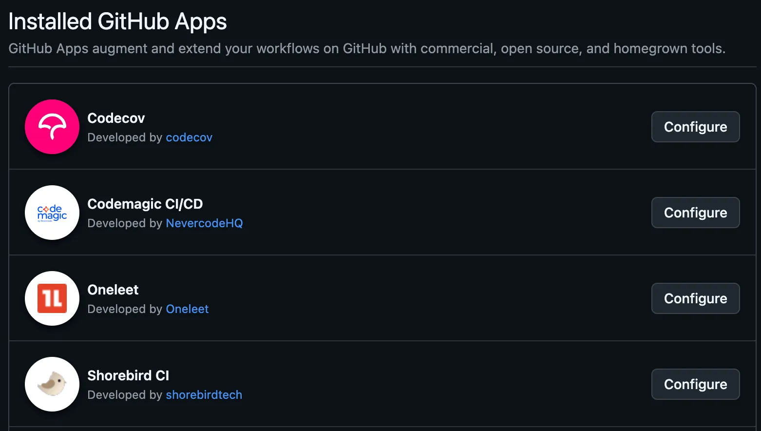 Screenshot of installed GitHub applications at an organization level