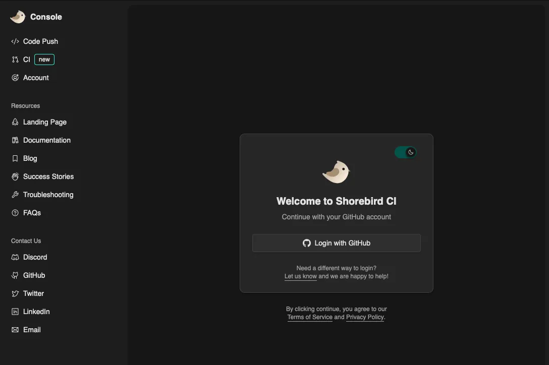 Screenshot of the Shorebird Web Console prompting the user to login with their GitHub account.