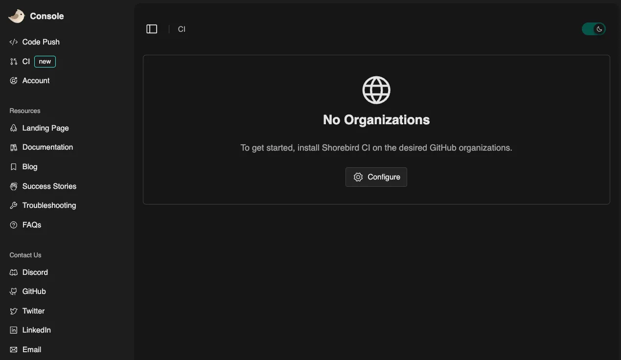 Screenshot of the Shorebird Web Console asking to install the Shorebird CI GitHub Application.