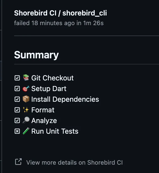 Screenshot of the details of a Shorebird CI run