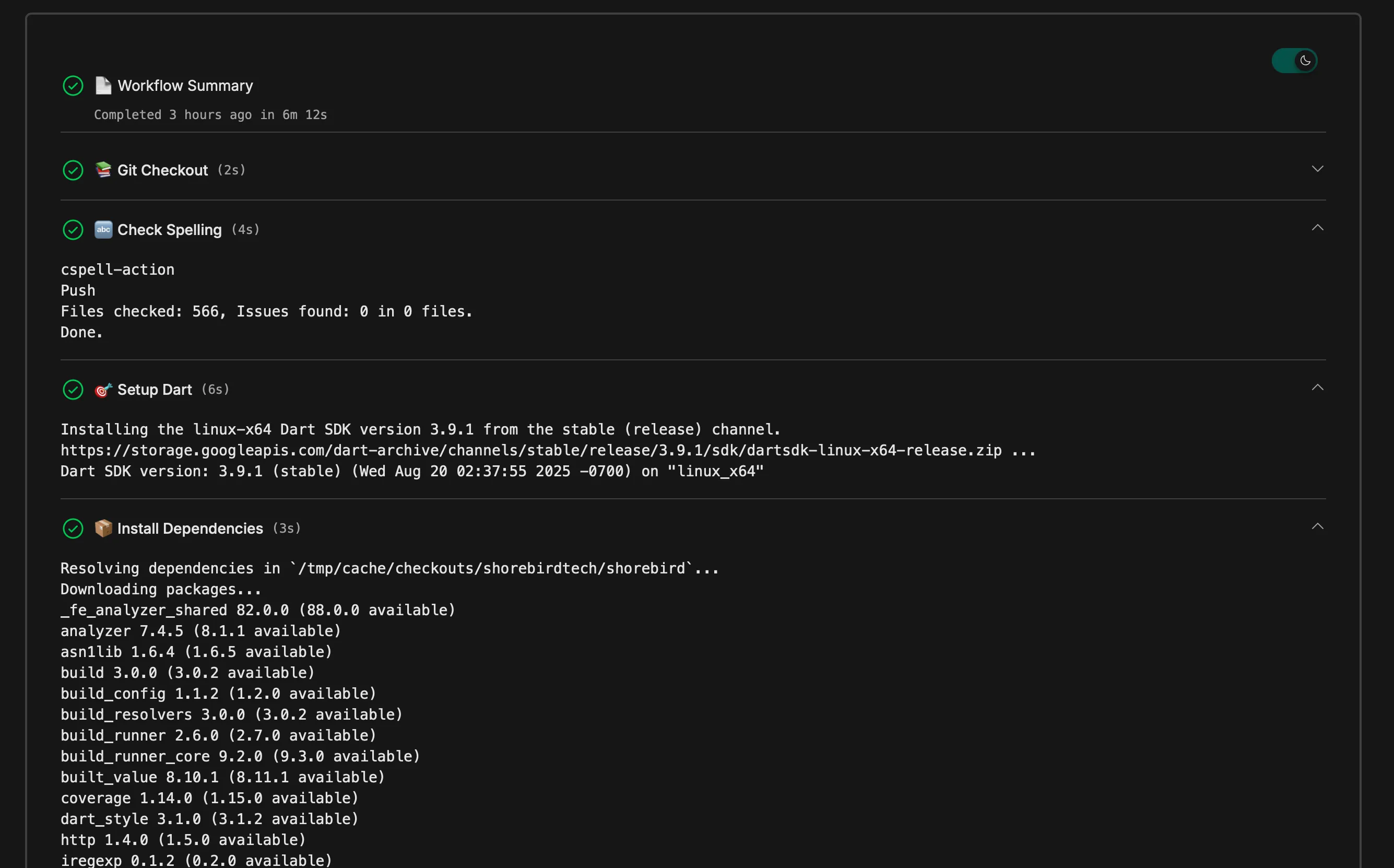 Screenshot of the details of a Shorebird CI run via the Shorebird CI Web Console
