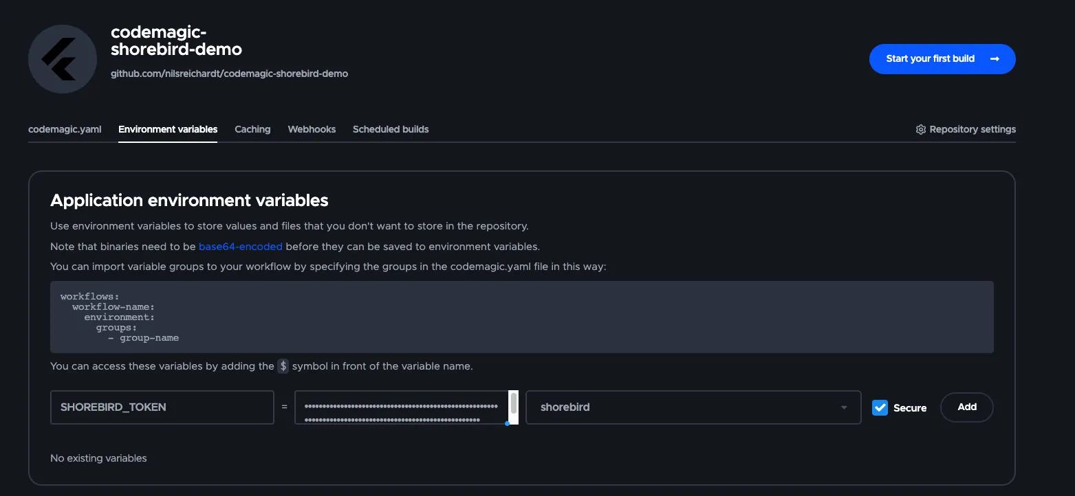 Screenshot of the "Environment Variables" tab in
Codemagic
