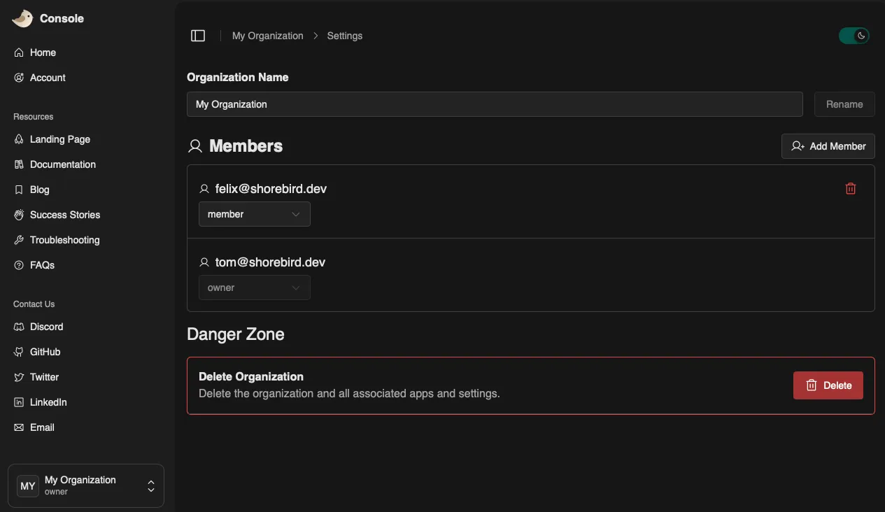 Screenshot of successfully adding a member to an Organization in the Shorebird Console