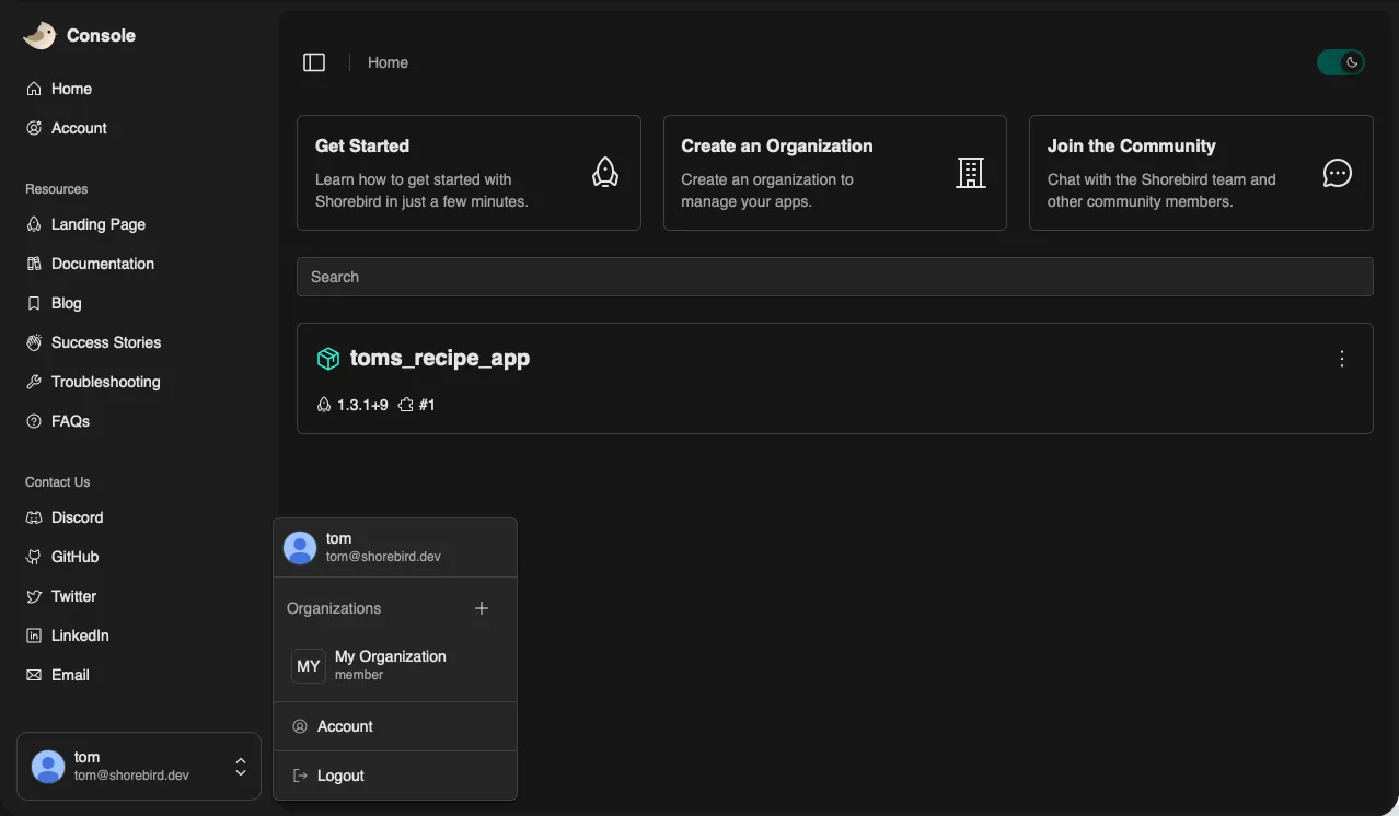Screenshot of where to start the creation of an organization in the Shorebird Console