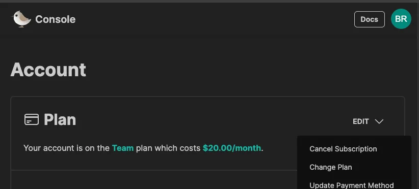 Screenshot of account cancellation options in Shorebird Console