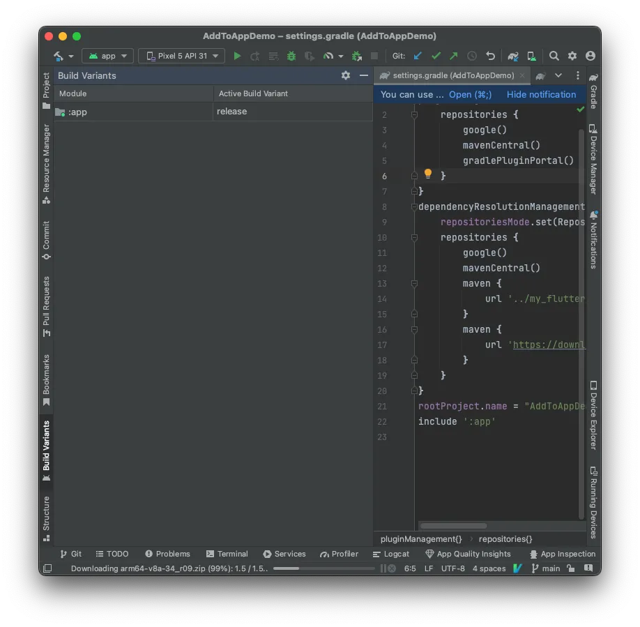 Android Studio build variant set to release