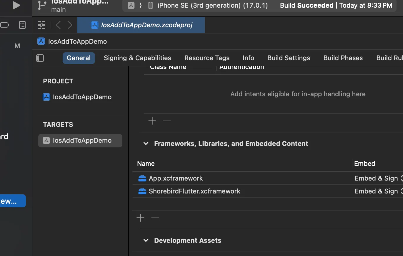Xcode embed frameworks