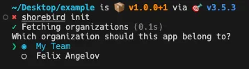 Screenshot of doing `shorebird init` command and selecting an organization