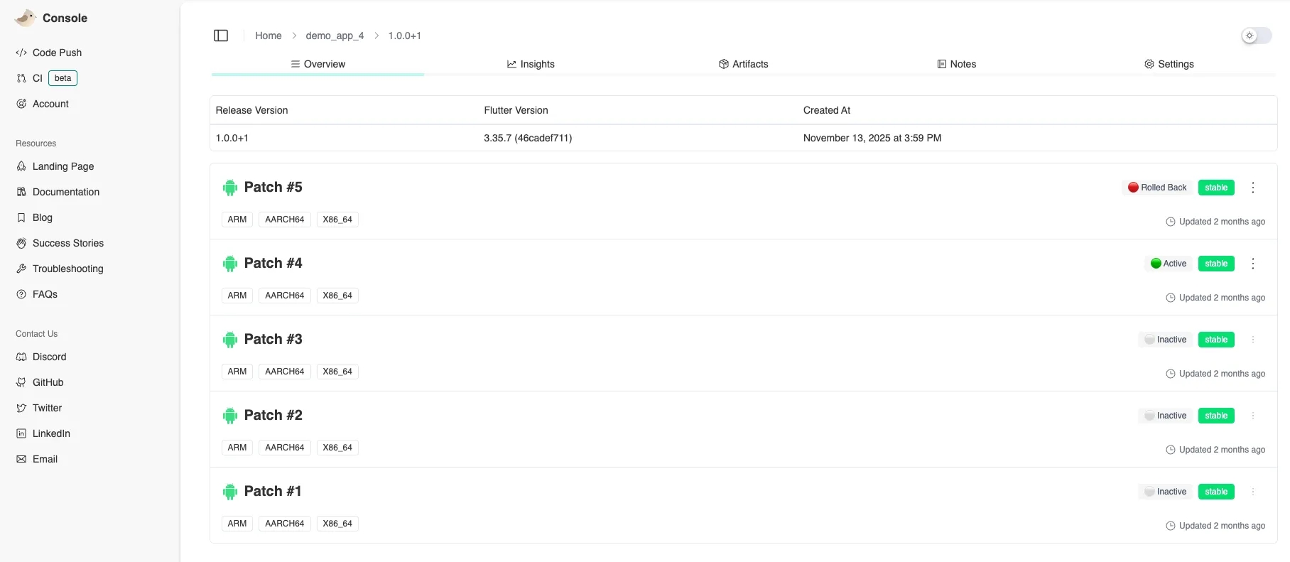 Screenshot of the Shorebird release and patches