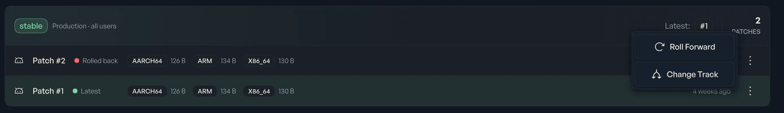 The Shorebird Console showing a "Roll Forward" option in the menu of a rolled back patch