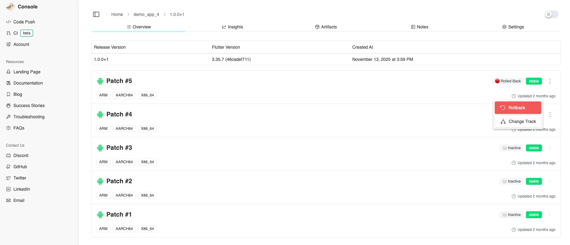 Screenshot of rolling back a patch