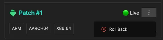The Shorebird Console showing a "roll back patch" button