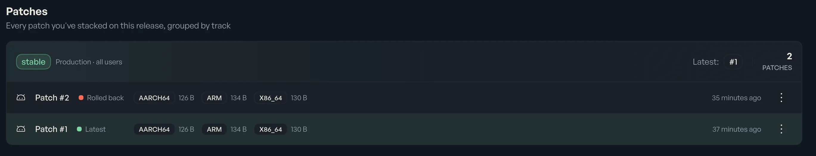 The Shorebird Console showing two patches, with patch 2 rolled back and patch 1 as the active patch