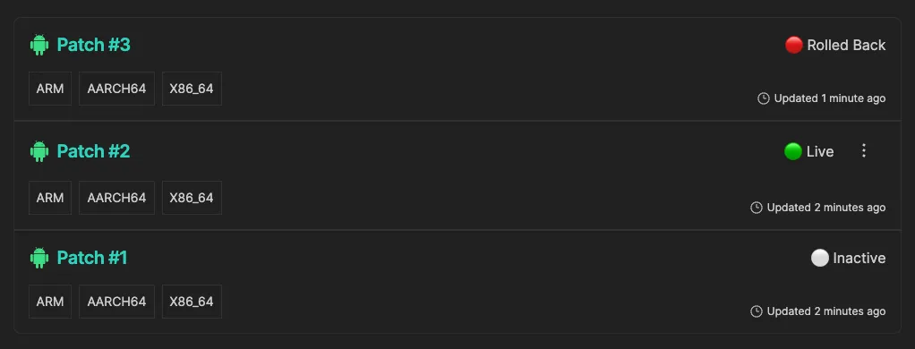 The Shorebird Console showing three patches, with patch 3 rolled back and patch 2 as the active patch