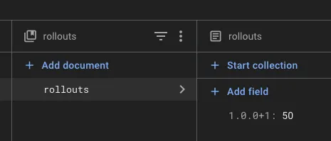 Cloud Firestore showing 1.0.0+1 at 50% rollout