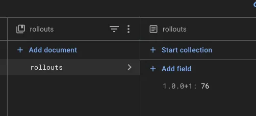 Cloud Firestore showing 1.0.0+1 at 76% rollout