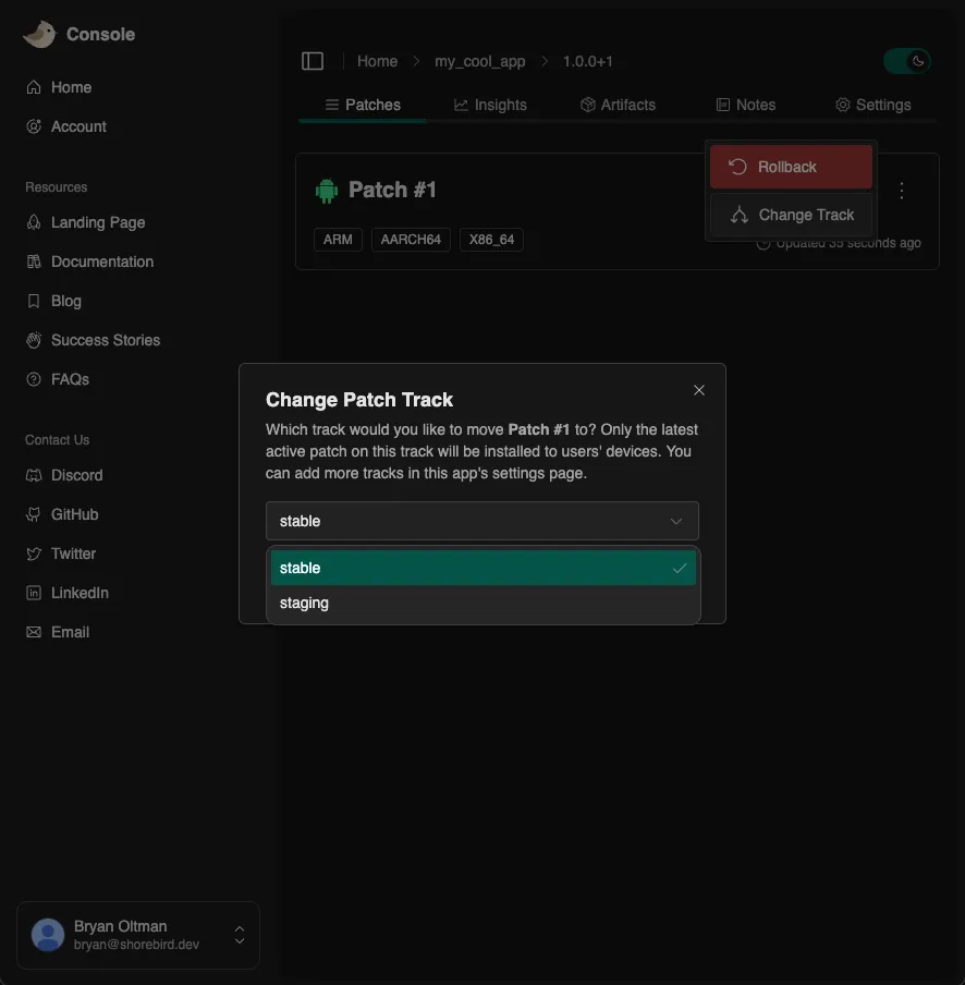Screenshot of the 'switch track' dialog