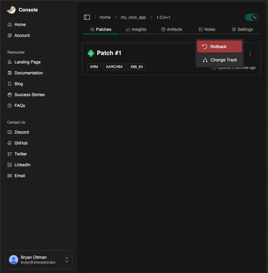 Screenshot of the 'switch track' option in the patch context menu
