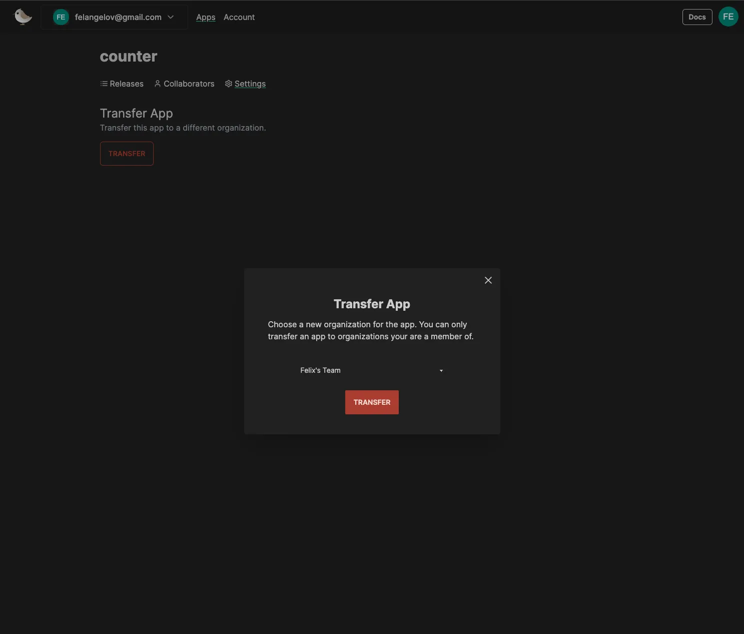Screenshot of dialog for transferring app to a different org in the Shorebird Console